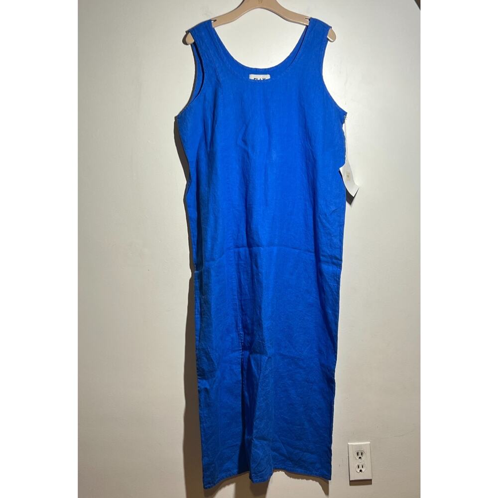 FLAX NWT Cobalt Blue 100% Linen Long Round Neck Sleeveless Long Maxi Dress L - Picture 6 of 7